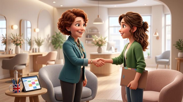 A hair salon owner shakes hands with a young stylist holding a portfolio, in the interview corner of a bright modern salon