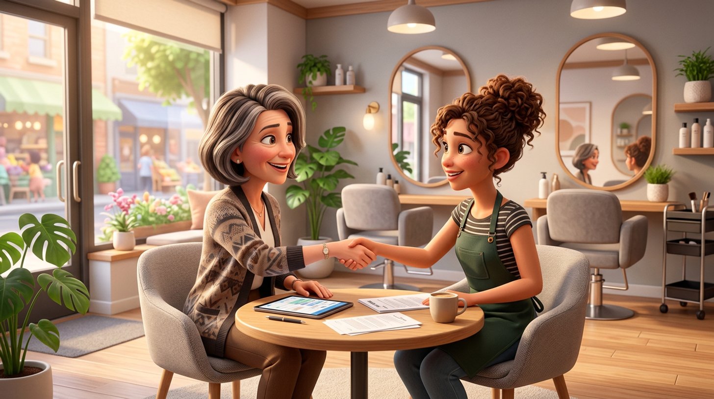 A salon owner and a young stylist shake hands over paperwork at a small table in a bright American hair salon, two empty styling chairs behind them
