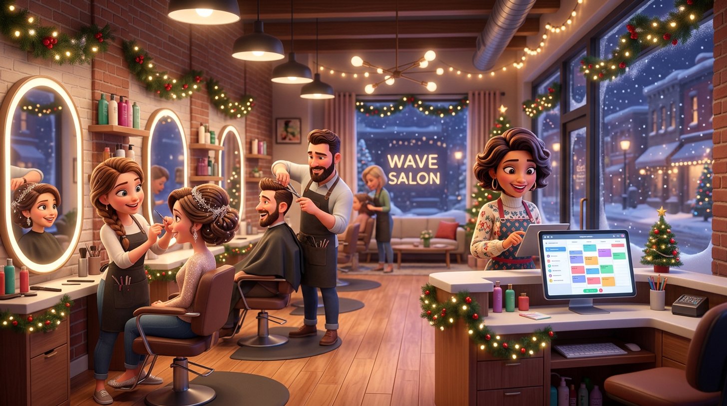 A busy, garland-decorated American hair salon in December: two stylists work on clients while the owner checks a full appointment calendar on a tablet at the front desk