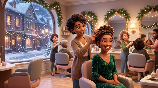 A stylist finishes an elegant holiday updo for a smiling client in a garland-decorated hair salon while heavy snow falls on the street outside the window