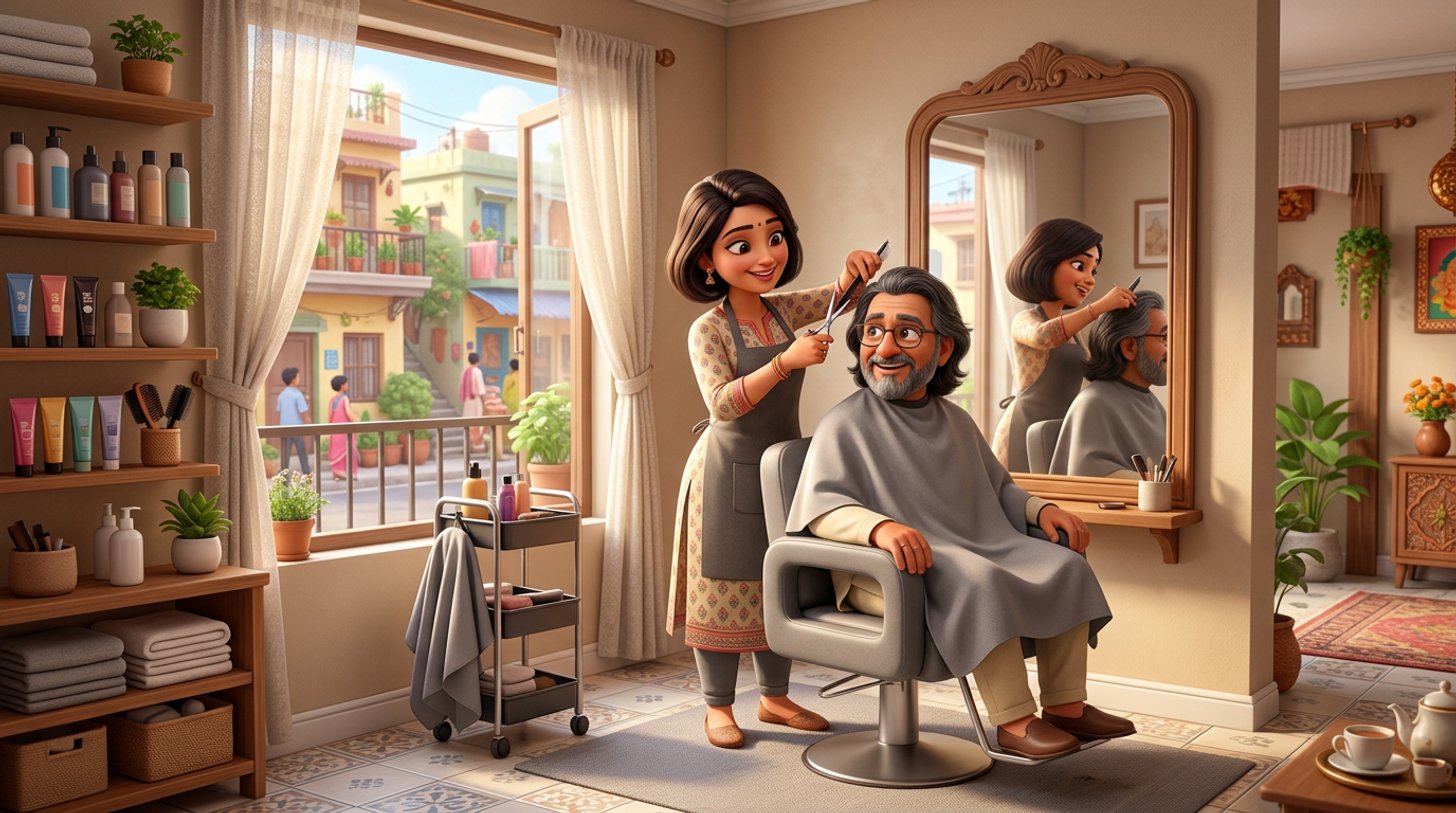 A hairdresser trims a client's hair in a bright corner of an Indian family home set up as a small one-chair home hair salon, with a mirror, a single styling chair and a window showing a residential street