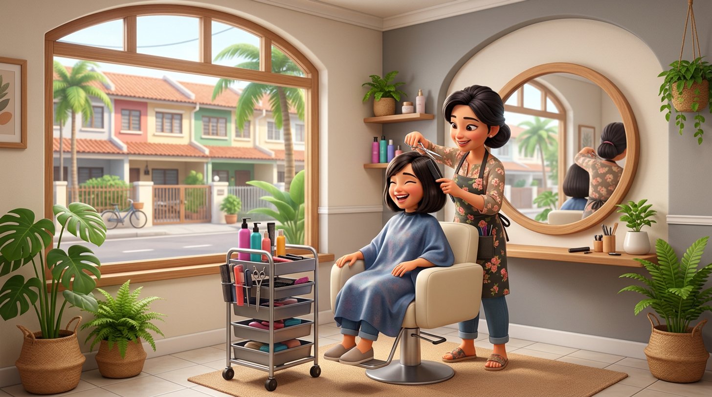 A hairdresser trims a client's hair in a bright corner room of a Malaysian terrace house arranged as a one-chair home salon, with a round mirror, a styling trolley and a window onto a quiet residential street
