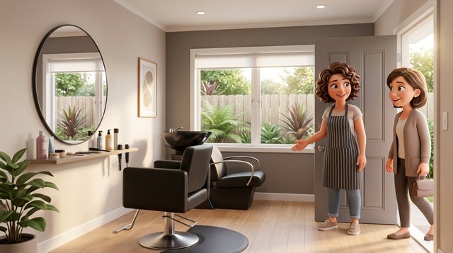 A hairdresser welcomes a client into a small salon room set up inside a New Zealand home, with a styling chair, mirror and basin by a window looking onto a garden