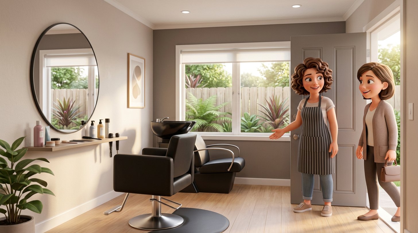 A hairdresser welcomes a client into a small salon room set up inside a New Zealand home, with a styling chair, mirror and basin by a window looking onto a garden