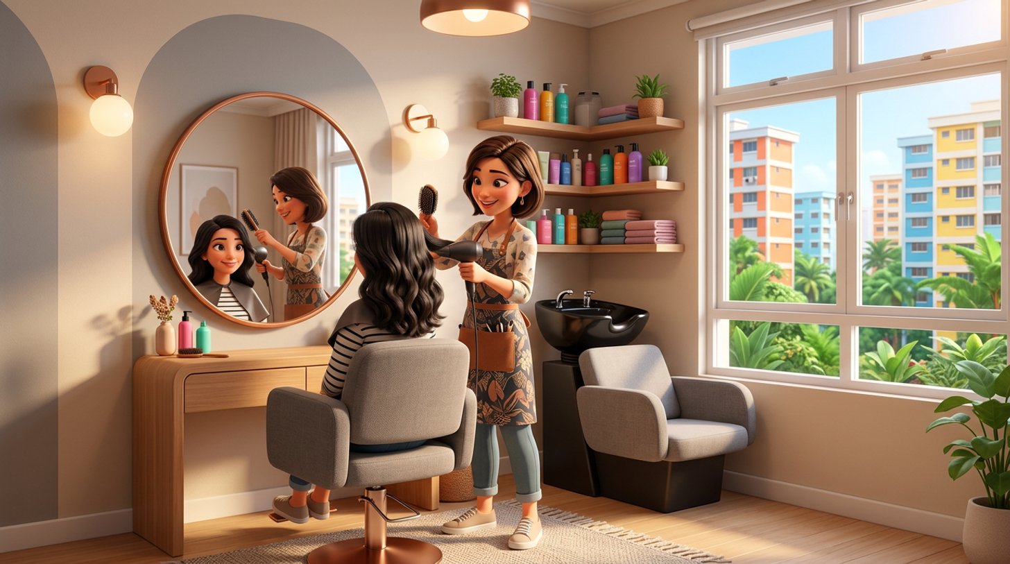 A hairdresser styles a client's hair in a bright corner of an HDB flat set up as a small home salon, with a mirror, styling chair and a window view of Singapore housing blocks