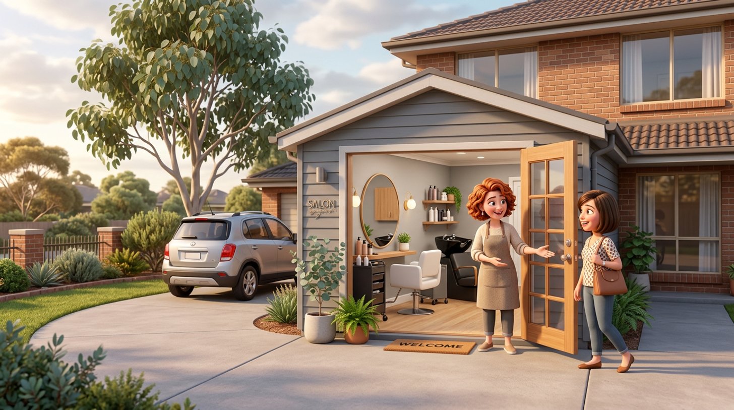 A hairdresser welcomes a client at the separate side entrance of a converted garage salon attached to an Australian suburban brick home, styling chair and basin visible inside