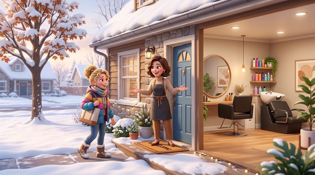 A hairstylist greets a client at the side entrance of a snow-dusted Canadian house, with a converted home salon room, styling chair and mirror visible through the doorway