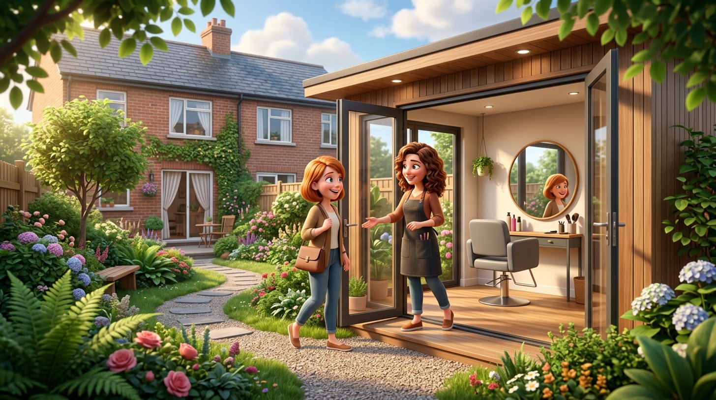 A hairdresser welcomes a client into a bright garden room salon at the end of an Irish suburban back garden, with a styling chair and mirror visible through the open door