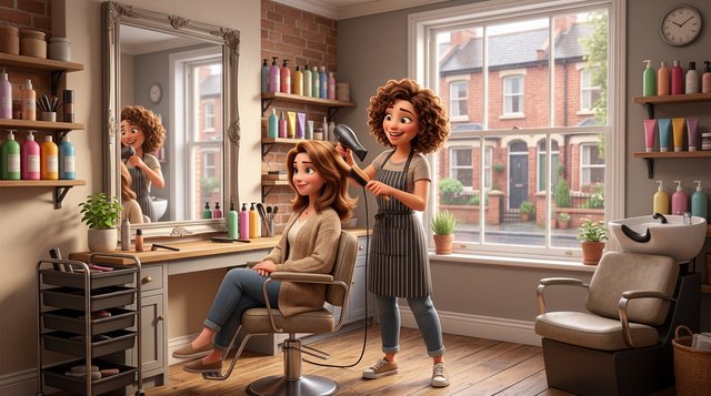A hairdresser styles a client's hair in a bright converted room of a UK terraced house, with a styling chair, mirror and backwash basin beside a window overlooking the street