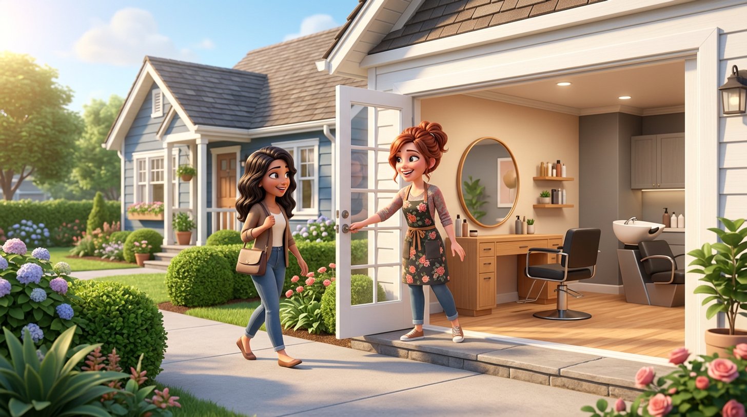 A hairstylist welcomes a client at the separate side entrance of a converted garage salon attached to a suburban American house, styling chair and mirror visible inside
