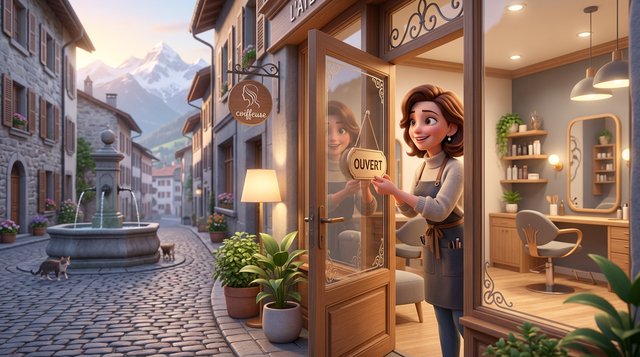 Illustration d'une coiffeuse qui retourne l'écriteau ouvert sur la porte vitrée de son salon au petit matin, dans une rue pavée de Suisse romande avec une fontaine et des montagnes en arrière-plan