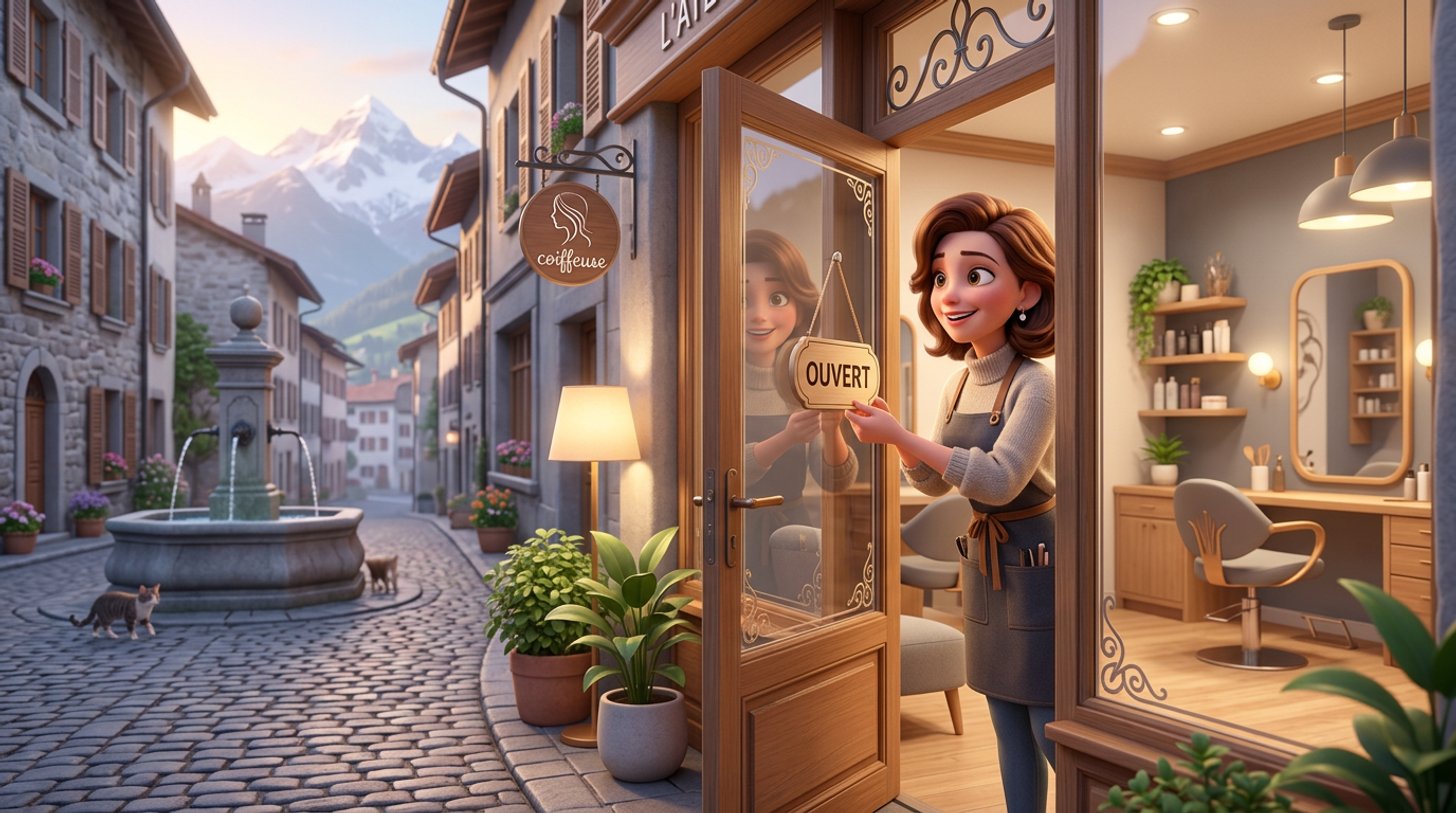 Illustration d'une coiffeuse qui retourne l'écriteau ouvert sur la porte vitrée de son salon au petit matin, dans une rue pavée de Suisse romande avec une fontaine et des montagnes en arrière-plan