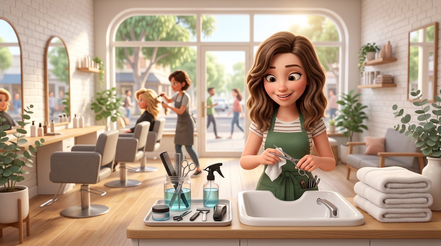A hairdresser disinfects scissors and combs at a tidy sanitation station in a bright Australian hair salon, fresh folded towels stacked beside the basin