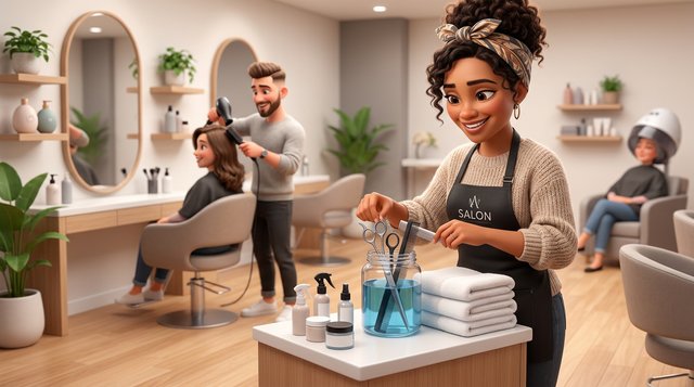 A New Zealand salon owner disinfects scissors and combs at a tidy sanitation station while a stylist works at a chair behind her