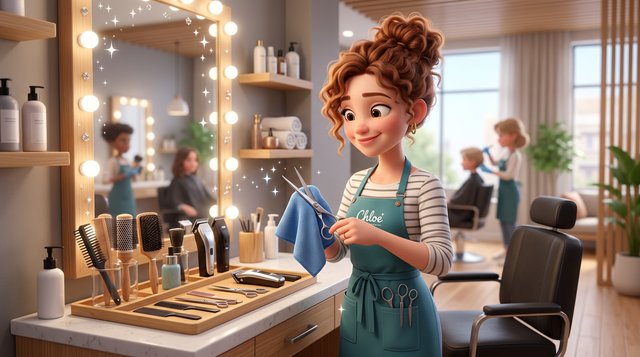 Illustration d'une coiffeuse essuyant une paire de ciseaux avec un chiffon devant un poste de coiffage impeccable, peignes et brosses alignés sur un plateau