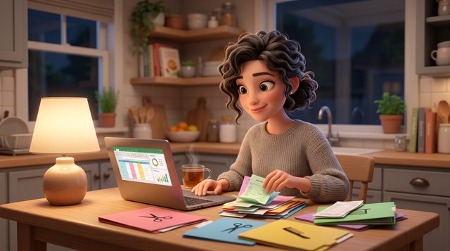 Illustration d'une coiffeuse travailleuse autonome qui classe ses reçus dans des dossiers à sa table de cuisine le soir, ordinateur portable ouvert devant elle