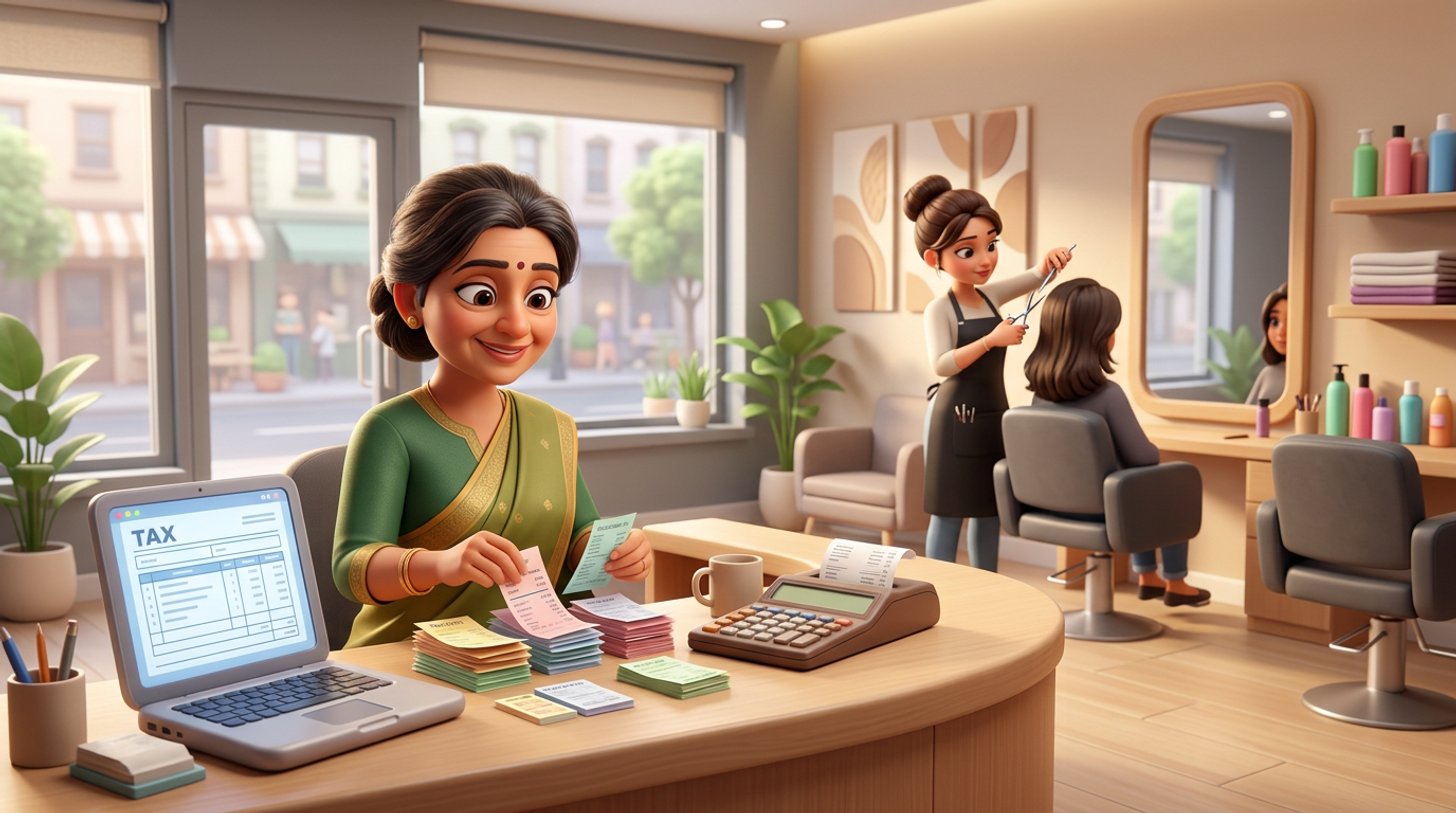 Illustration of an Indian hair salon owner at the reception desk sorting receipts beside a laptop showing a tax return form, a stylist cutting a client's hair in the background