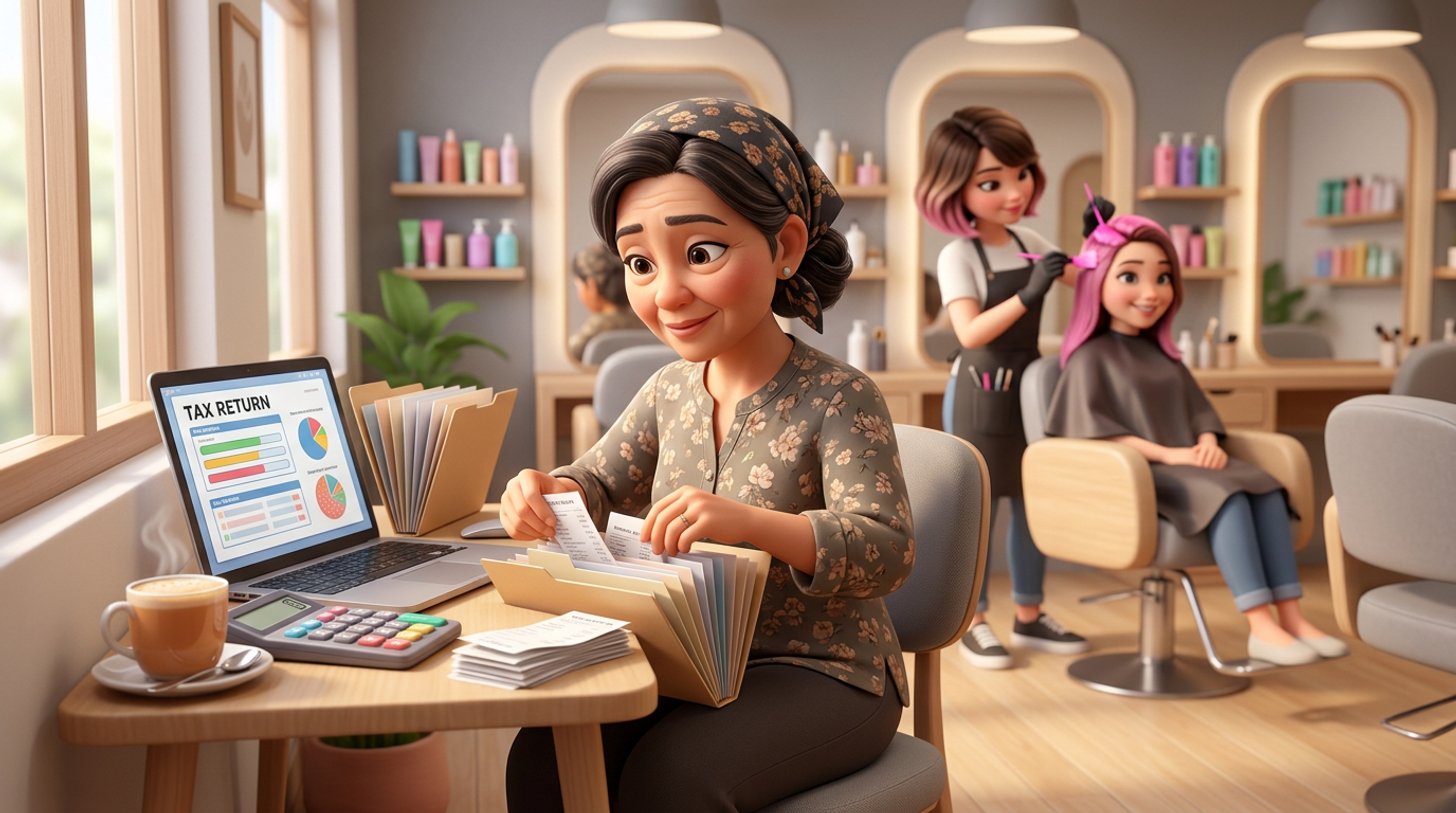 Illustration of a Malaysian hair salon owner at a small desk sorting receipts into folders beside a laptop showing a tax form, a stylist colouring a client's hair in the background