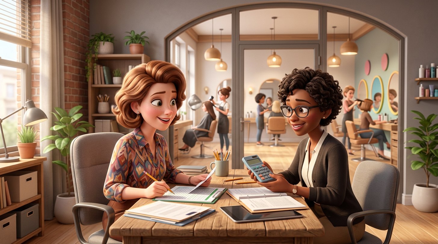 Illustration d'une propriétaire de salon de coiffure qui examine des documents avec sa comptable à un bureau, son salon lumineux visible derrière une porte vitrée