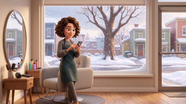 An independent hair stylist checks her appointment calendar on her smartphone beside the single styling chair of her small Canadian salon, a snowy street visible through the window
