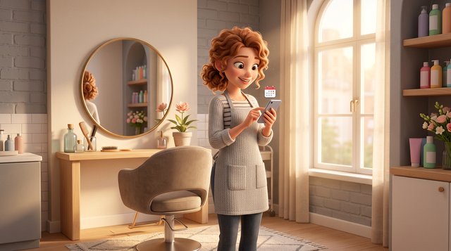 A self-employed hair stylist alone in her bright one-chair salon, checking her bookings on her smartphone between clients
