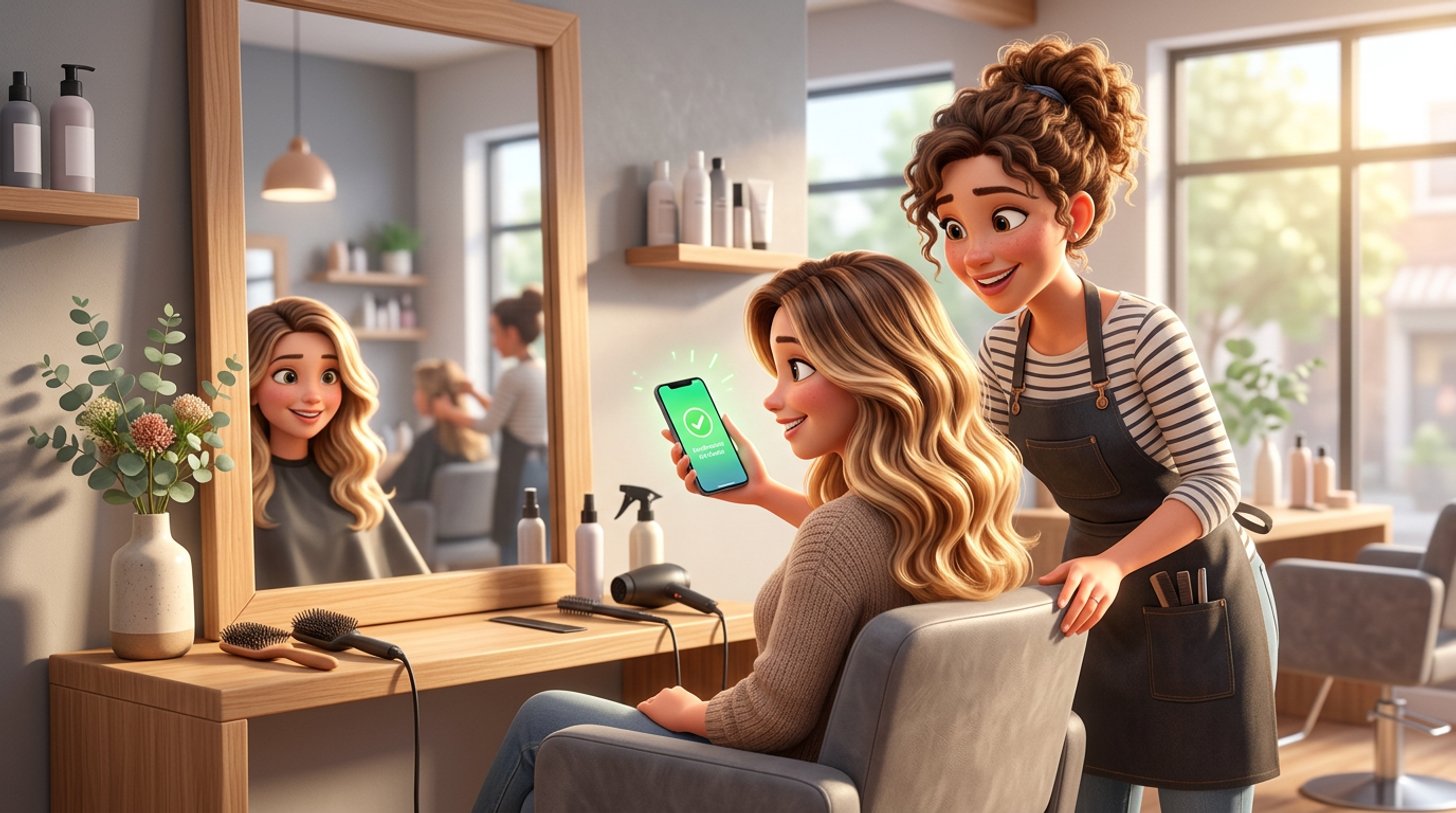 A hairdresser and her client smile at a phone in a sunlit Australian salon, a booking confirmation on screen beside a photo of the client's fresh balayage