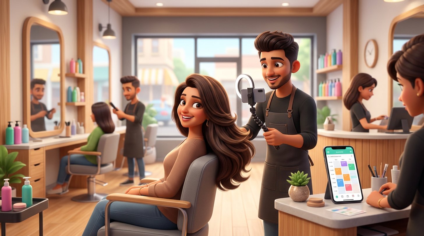 A young Indian hairdresser films a client's freshly cut long layers on a phone mounted on a ring light in a bright hair salon, while a booking calendar glows on a phone at the reception counter