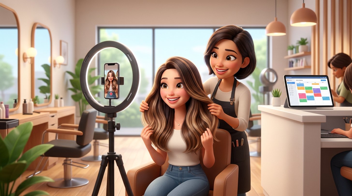 A Malaysian hairdresser films a client's fresh balayage with a phone on a ring light in a bright shoplot salon while the counter tablet shows a filling booking calendar