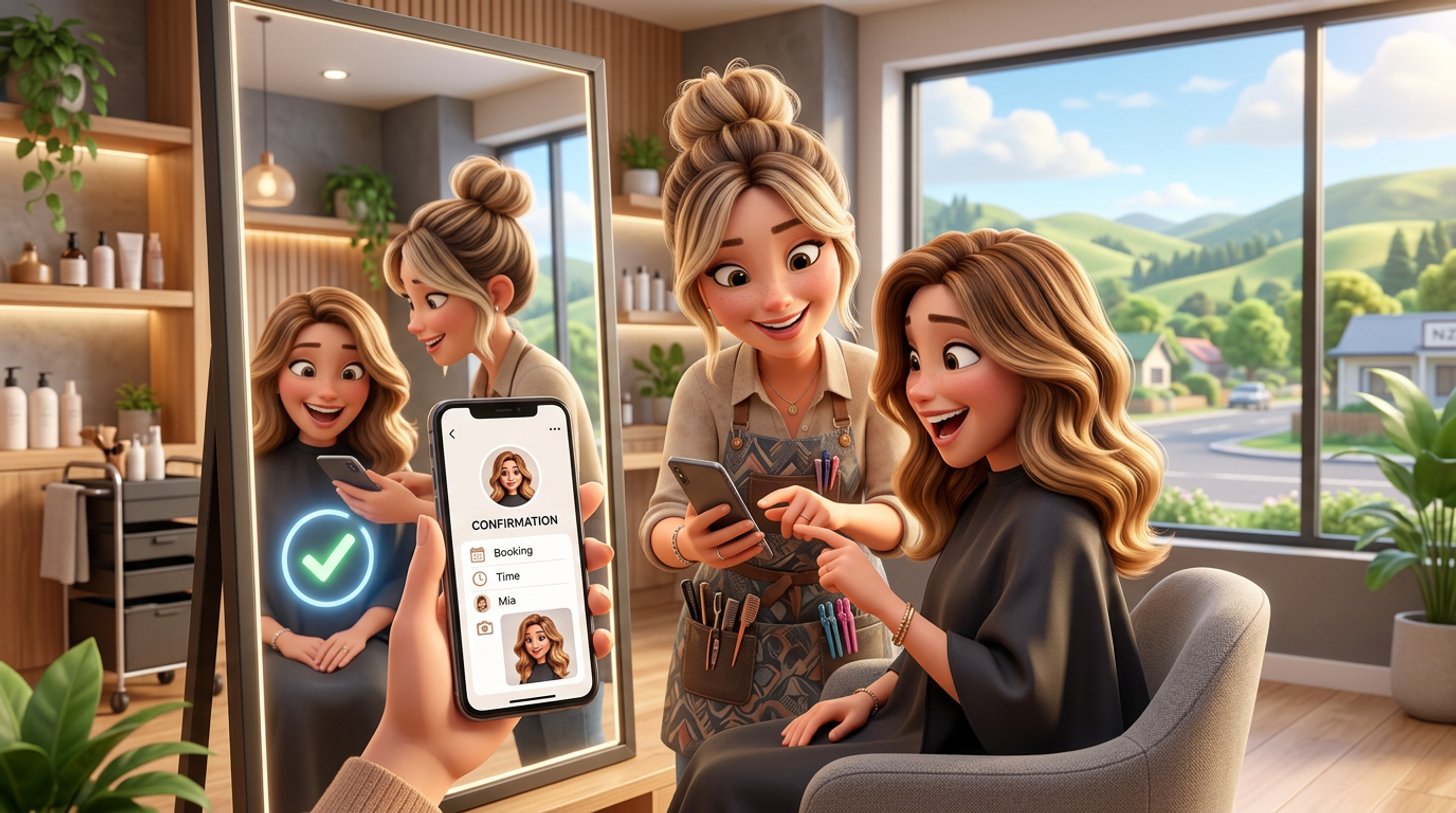 A hairdresser shows a client her phone at the salon mirror, a booking confirmation on screen beside a photo of the client's fresh balayage, in a bright New Zealand salon