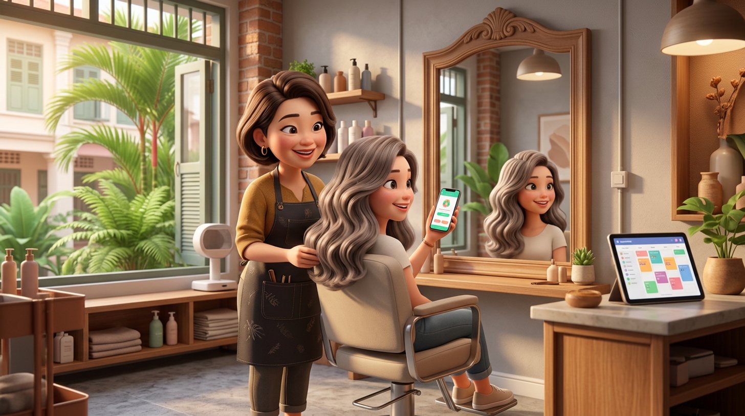 A Singapore hairdresser shows a client her phone at the salon mirror, a booking confirmation on screen next to a photo of the client's fresh ash-brown colour