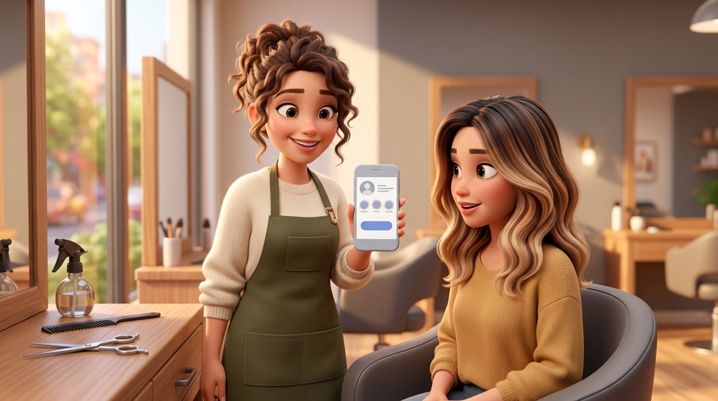 Friseurin hält im hellen Salon ihr Smartphone mit dem Instagram-Profil des Salons hoch, auf dem ein Buchungsbutton hervorsticht, während eine Kundin im Stuhl zuschaut
