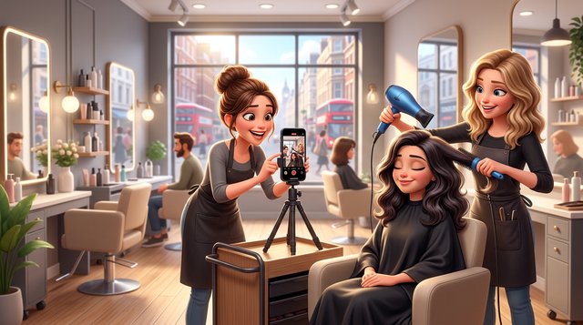 A hairdresser films her colleague blow-drying a client with a smartphone on a small tripod, in a bright modern hair salon