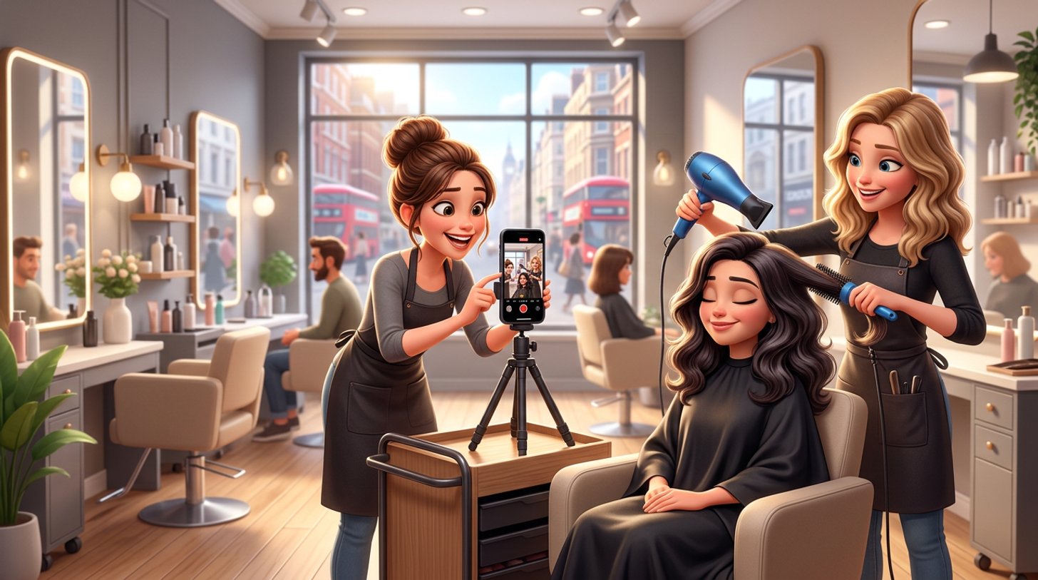 A hairdresser films her colleague blow-drying a client with a smartphone on a small tripod, in a bright modern hair salon