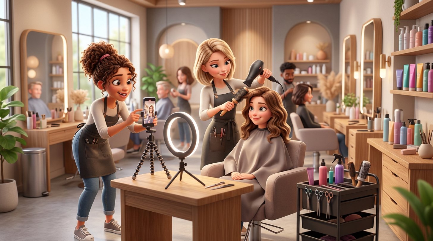 Une coiffeuse filme sa collègue en plein brushing avec un smartphone sur trépied et une ring light, dans un salon de coiffure lumineux