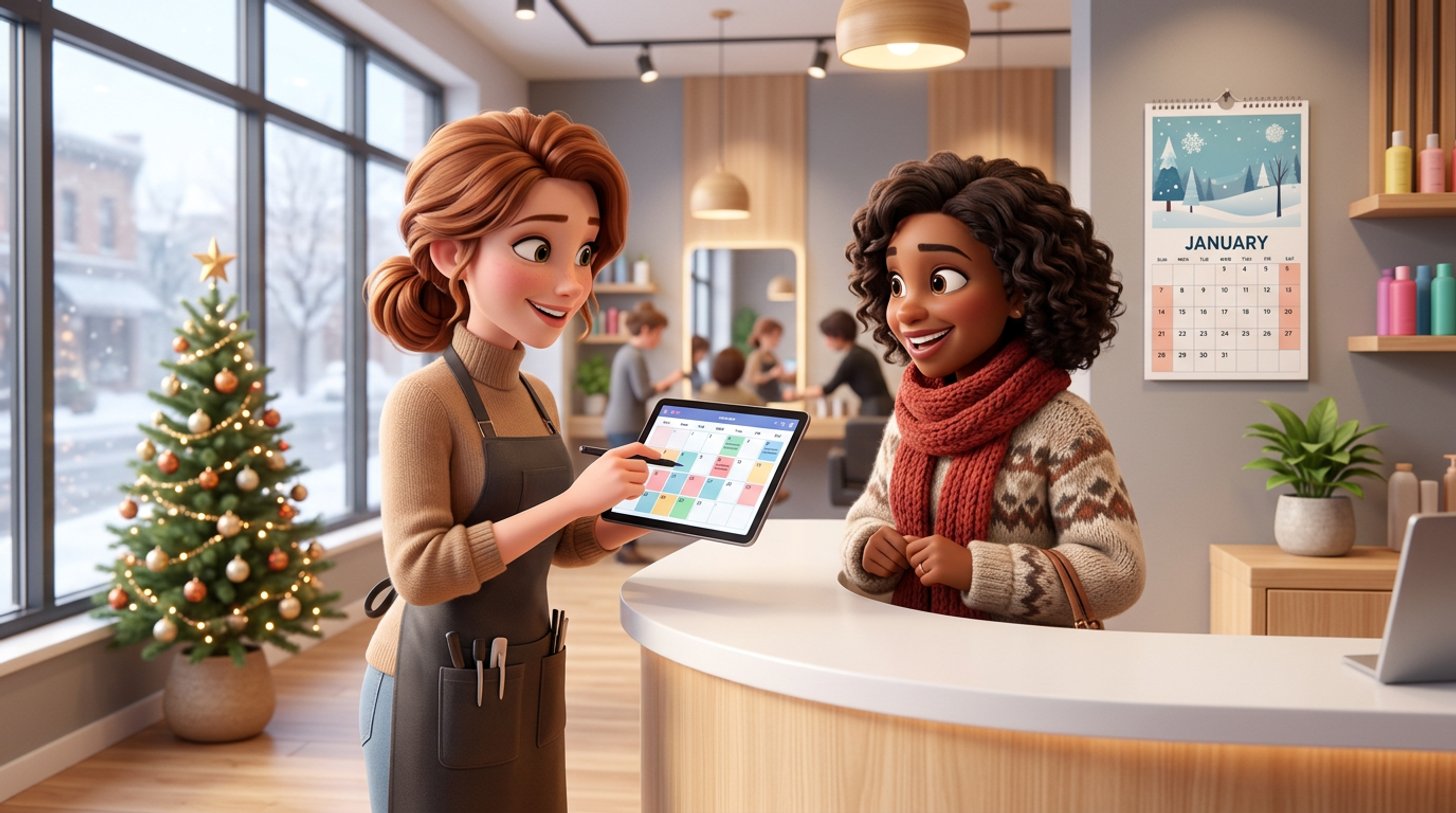 A hairdresser at a bright salon reception desk shows a tablet booking calendar to a smiling client in a winter coat, a small Christmas tree by the window
