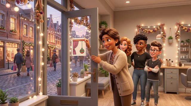Illustration d'une gérante de salon de coiffure belge qui accroche une affichette de fermeture sur la porte vitrée de son salon décoré de guirlandes, son équipe souriante derrière elle