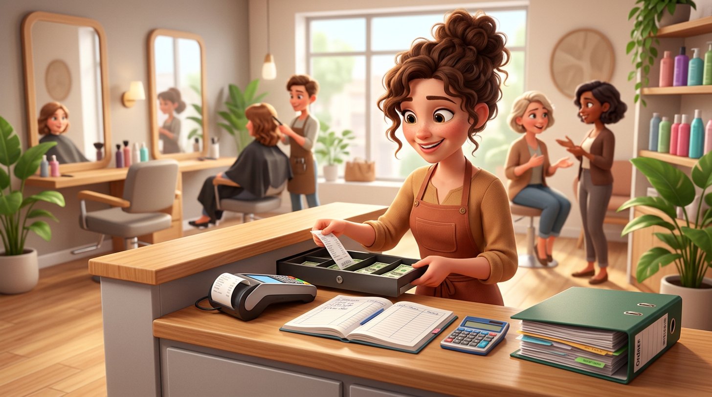 Illustration einer Friseurin an der Rezeption ihres Salons, die einen Kassenbeleg in die Geldlade neben einem kleinen Kassensystem legt, daneben Kassenbuch und Belegordner