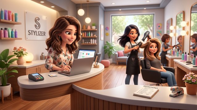An Australian hair salon owner at her front desk weighs up booking software options on a laptop while a stylist finishes a blow-dry behind her