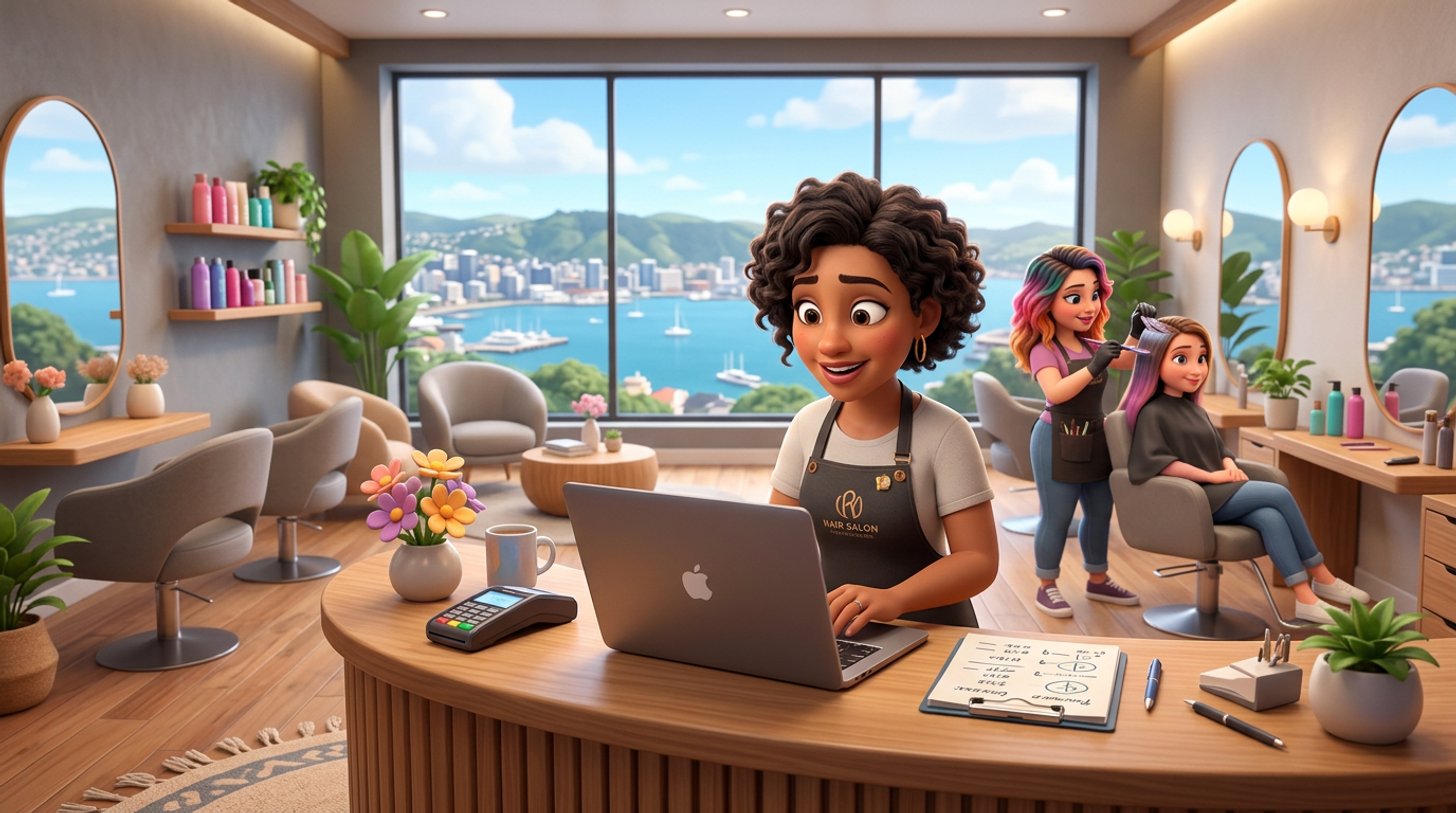 A New Zealand hair salon owner compares booking software options on a laptop at her reception desk while a stylist works on a client's colour behind her