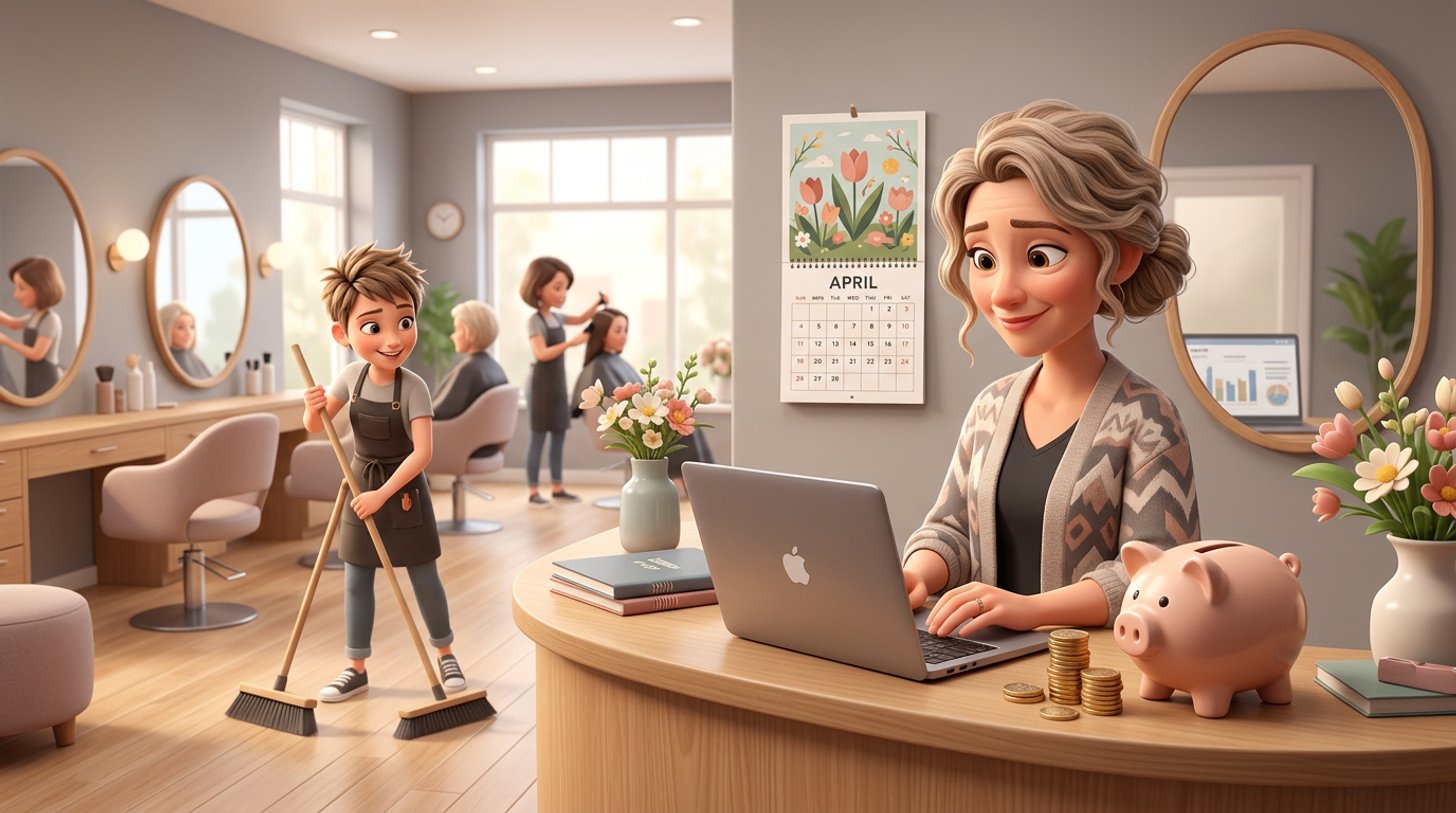 A New Zealand salon owner checks a payroll summary on a laptop at the reception desk, a calendar open to April on the wall, while a young apprentice hairdresser sweeps the salon floor behind her