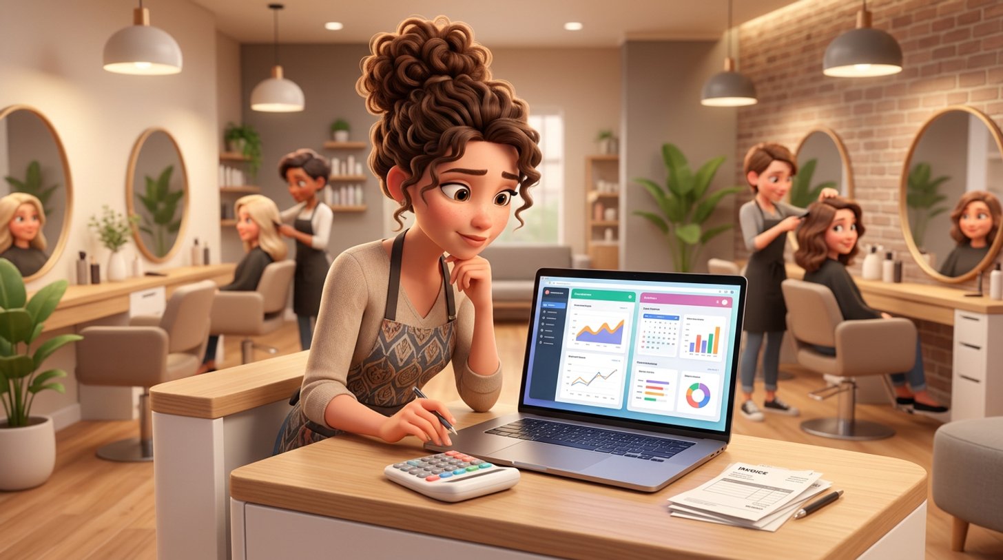 Illustration einer Friseurin, die an der Rezeption ihres Salons zwei Angebote für Terminsoftware auf einem Laptop vergleicht