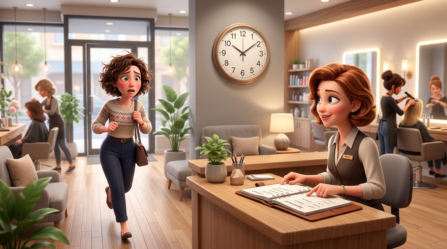Illustration einer Friseurin, die an der Rezeption ihres Salons auf die Wanduhr blickt, während ein Kunde eilig zur Tür hereinkommt