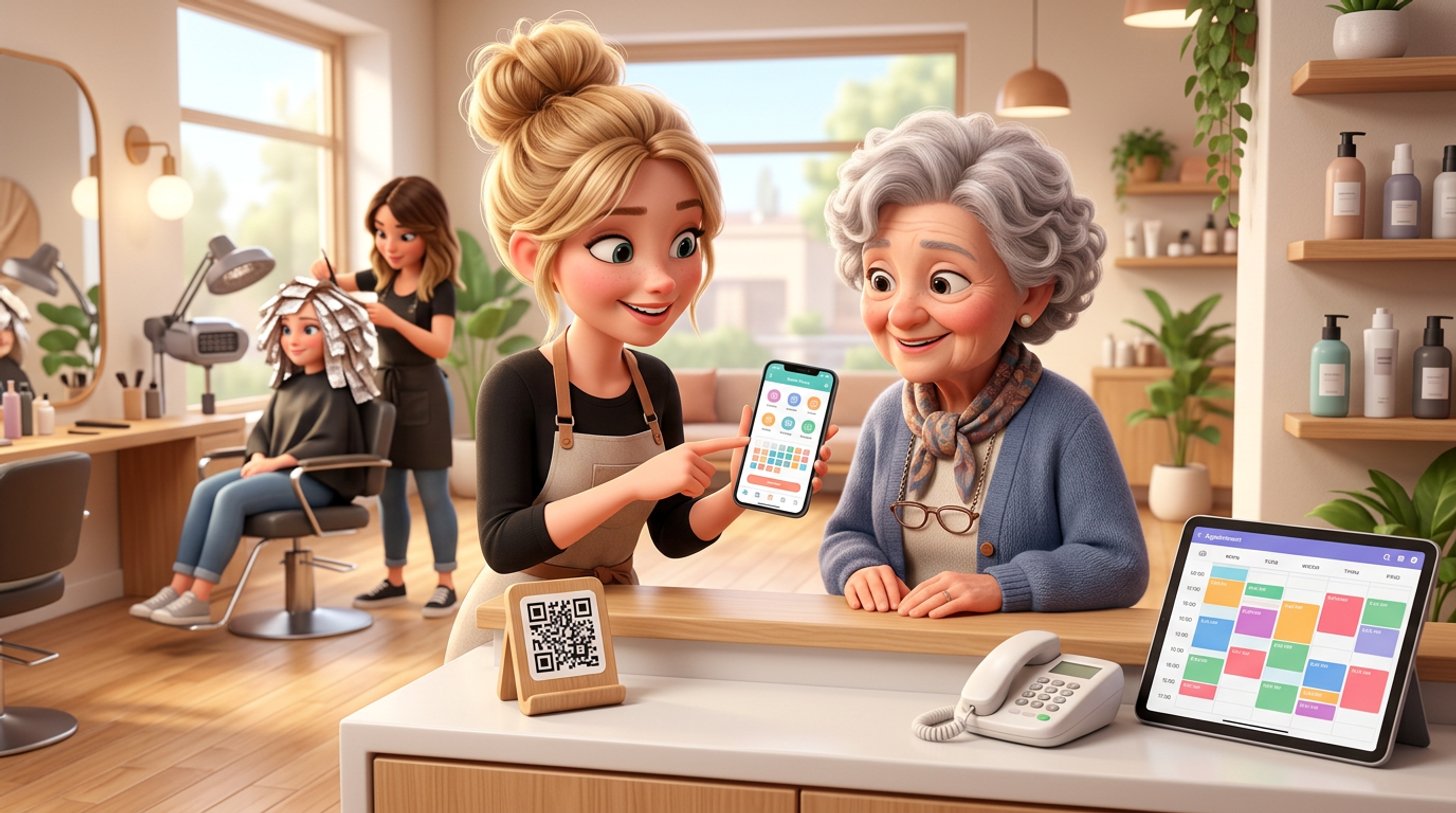 Friseurin zeigt einer älteren Stammkundin am Empfangstresen auf dem Smartphone die Online-Buchungsseite des Salons, daneben ein QR-Code-Aufsteller und ein stummes Telefon