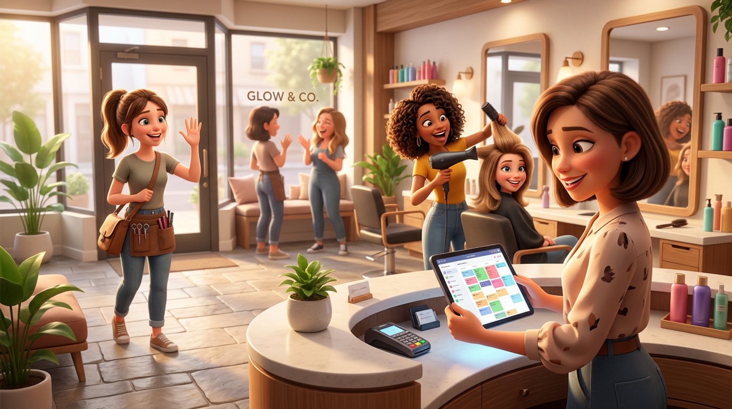 Saloninhaberin sichert an der Rezeption ihres Friseursalons die digitale Kundenkartei auf dem Tablet, während eine Kollegin mit gepackter Tasche den Salon verlässt