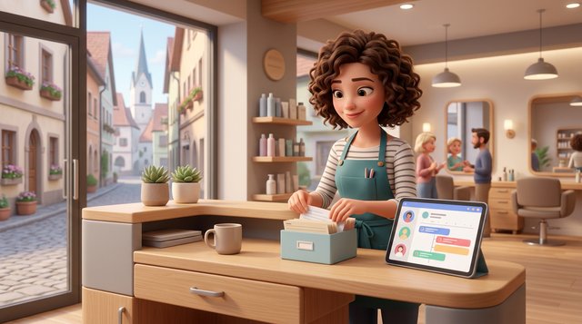 Friseurin an der Rezeption eines hellen Salons in Österreich vergleicht einen Karteikasten mit Papierkarten mit der digitalen Kundenkartei auf dem Tablet