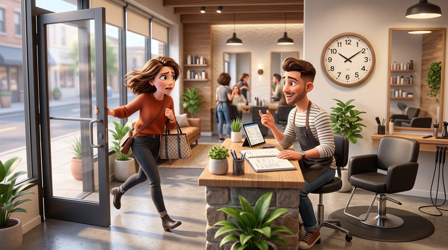 A client hurries through the door of a bright Australian hair salon while the stylist checks the wall clock beside an empty chair