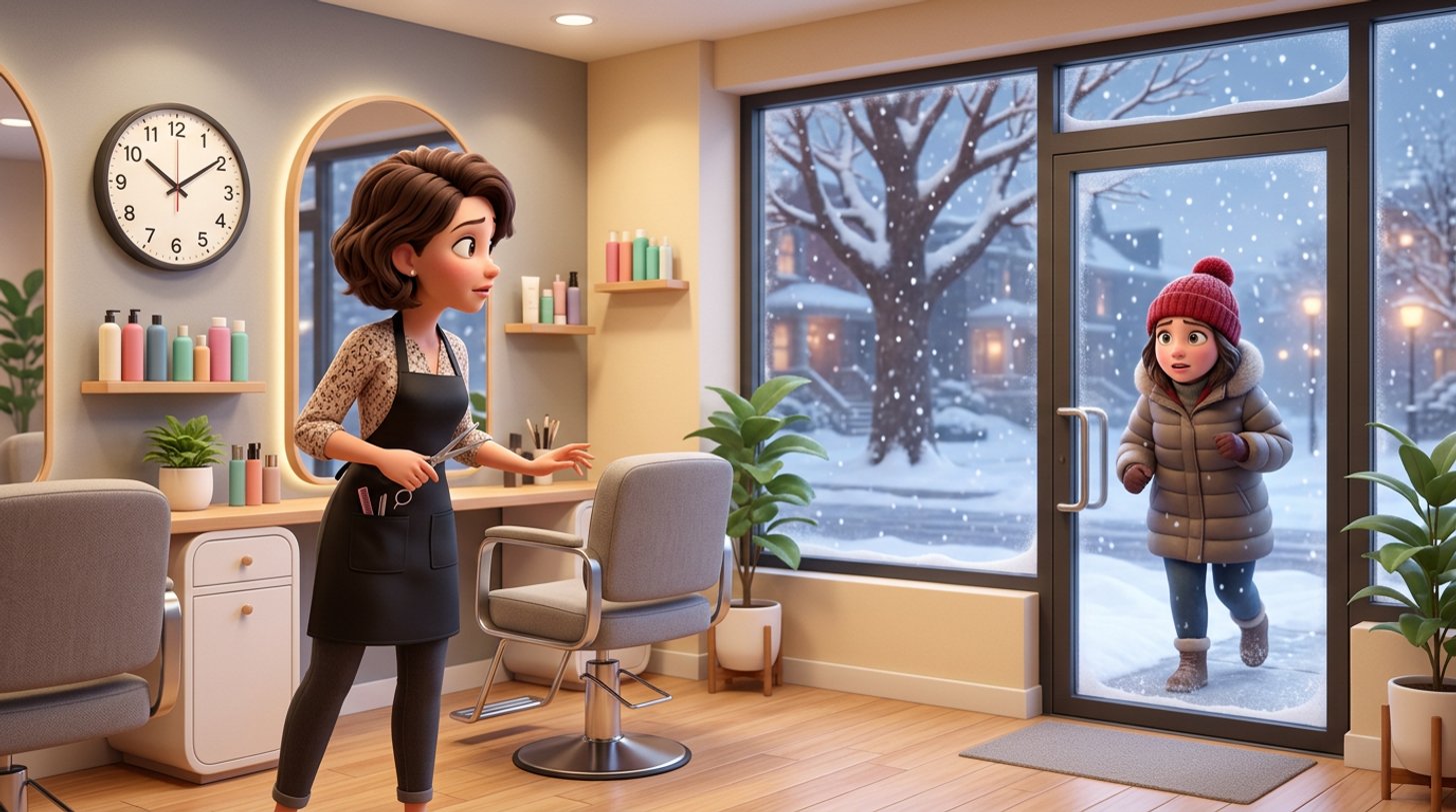 A hair stylist checks the wall clock beside an empty styling chair while a client in a toque and winter coat hurries through falling snow toward the salon door