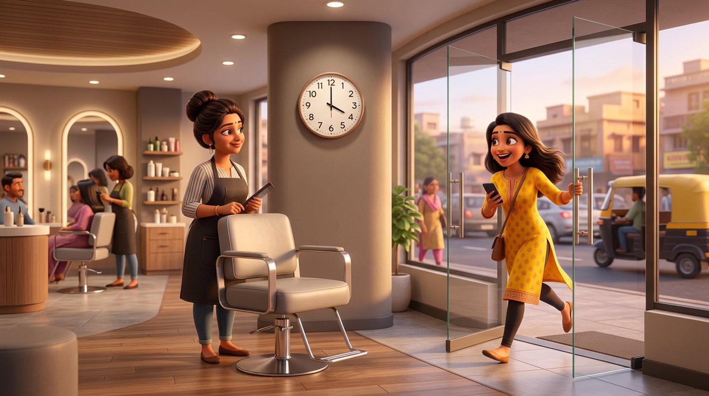 A client hurries into a bright Indian hair salon holding her phone while the stylist checks the wall clock beside an empty styling chair