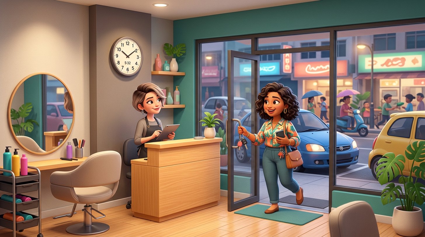 A client hurries through the glass door of a Malaysian shoplot hair salon, phone and car keys in hand, while the hairdresser at the reception desk glances at the wall clock beside an empty styling chair