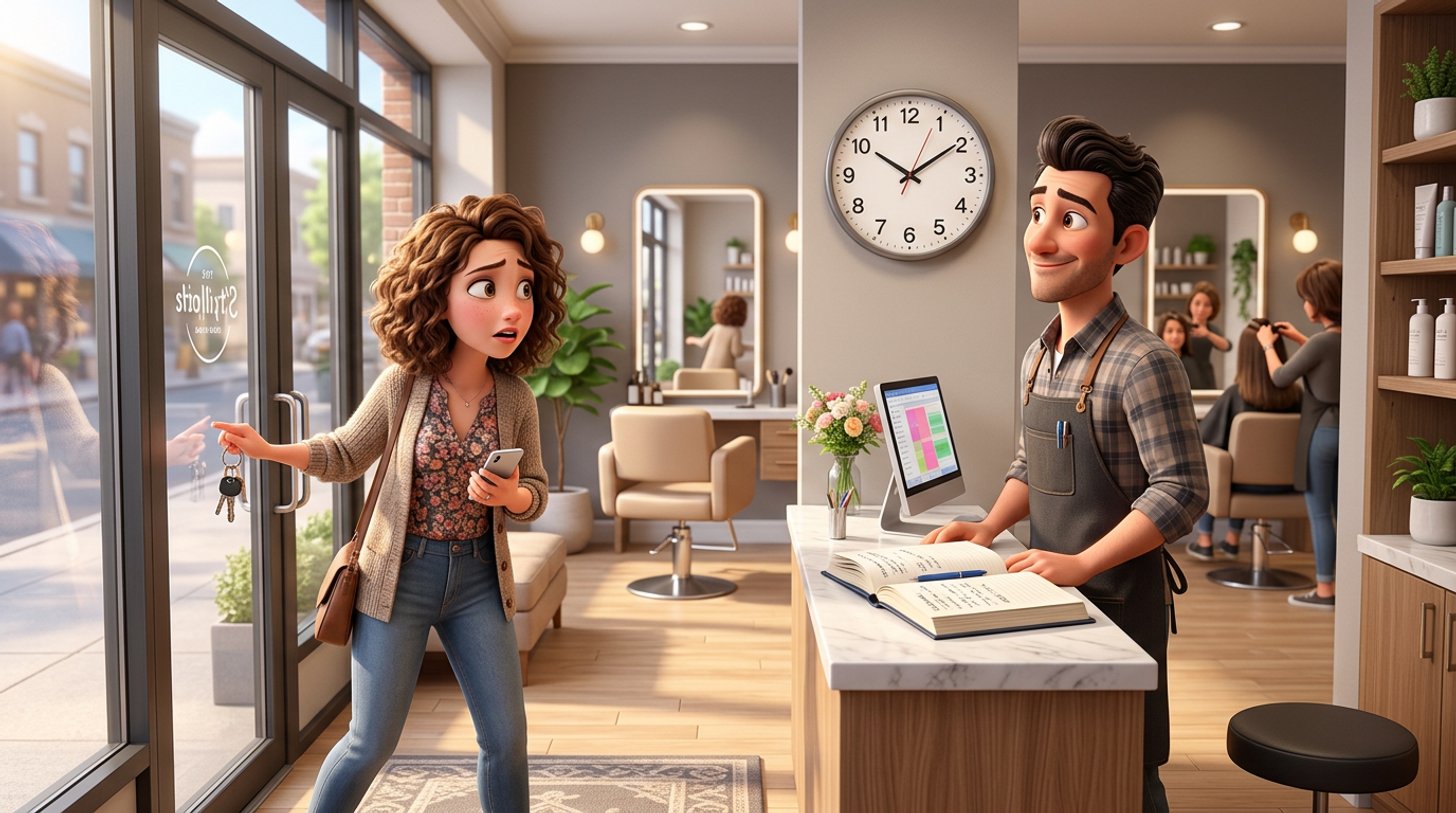 A client rushes into a bright New Zealand hair salon holding car keys while the stylist checks the wall clock beside an empty chair
